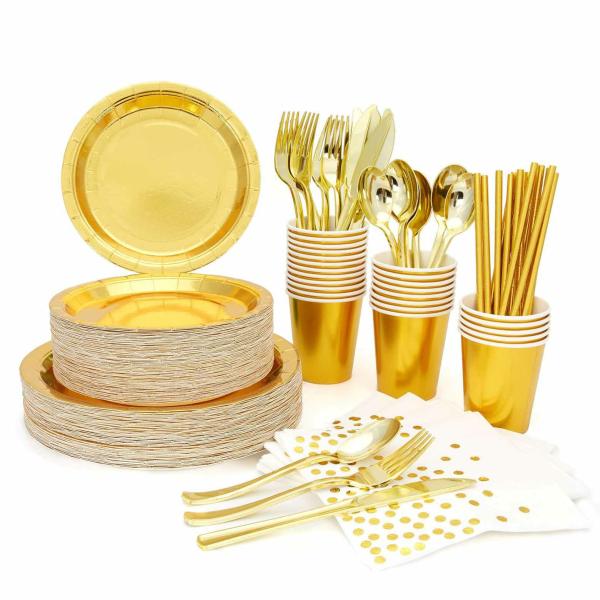 Charger Plates & Dinner Plate Sets | 24 Person Premium Paper Plate Dinner Set – Metallic Gold – Paper Plates, Cups, Cutlery, Straws – 193 Pieces Charger Plates & Dinner Plate Sets Charger Plates & Dinner Plate Sets