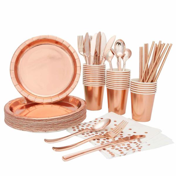 Charger Plates & Dinner Plate Sets | 24 Person Premium Paper Plate Dinner Set – Metallic Rose Gold – Paper Plates, Cups, Cutlery, Straws – 193 Pieces Charger Plates & Dinner Plate Sets Charger Plates & Dinner Plate Sets