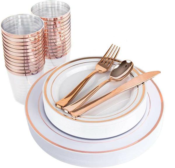 Charger Plates & Dinner Plate Sets | 25 Person Plastic Dinner Plate Set – Metallic Rose Gold And White – Plates, Cups, Cutlery – 150 Pieces Charger Plates & Dinner Plate Sets Charger Plates & Dinner Plate Sets