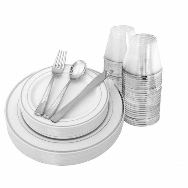 Charger Plates & Dinner Plate Sets | 25 Person Plastic Dinner Plate Set – Metallic Silver And White – Plates, Cups, Cutlery – 150 Pieces Charger Plates & Dinner Plate Sets Charger Plates & Dinner Plate Sets