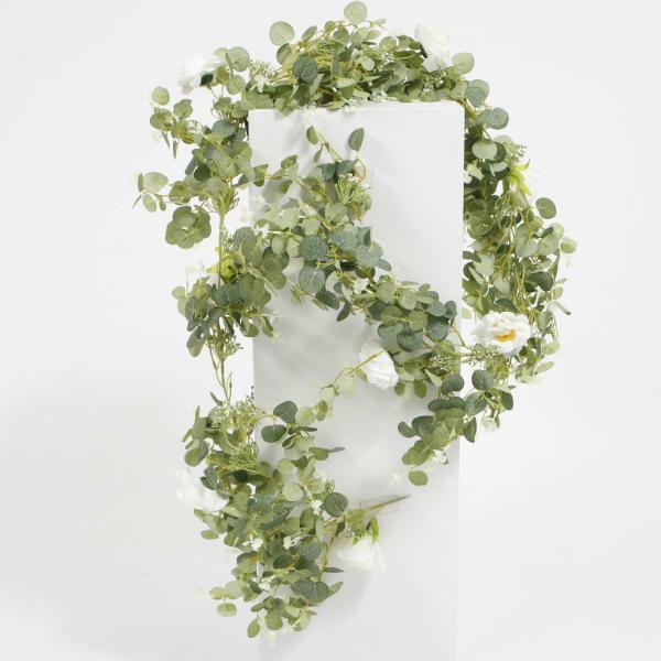 Hanging Flowers, Vines & Garlands | Eucalyptus, Silver Dollar Eucalyptus & Rose Garland Thick (2M) Artificial Flowers, Walls & Greenery Australian Natives