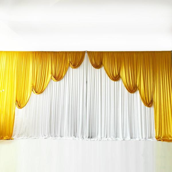 Ice Silk Venetian Curtain | Ice Silk Event Backdrop With Venetian Contour Stage Curtain / Valance Swag (Gold And White) 6M Wide X 3M High Backdrops & Ceiling Decorations Gold