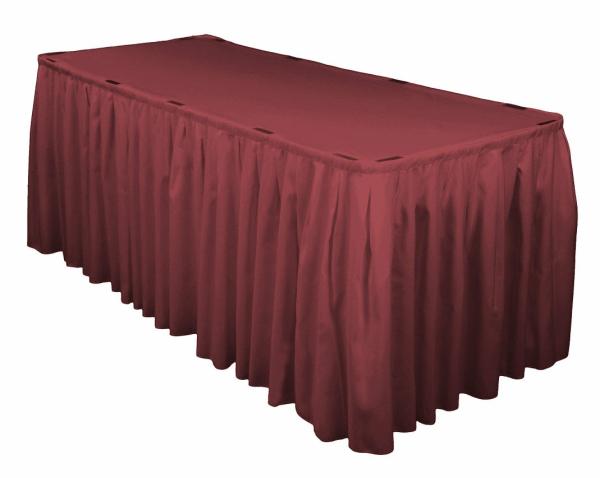 Polyester Table Skirts | Burgundy Table Skirting (3M) + Bonus Skirting Clips Polyester Table Skirts Burgundy