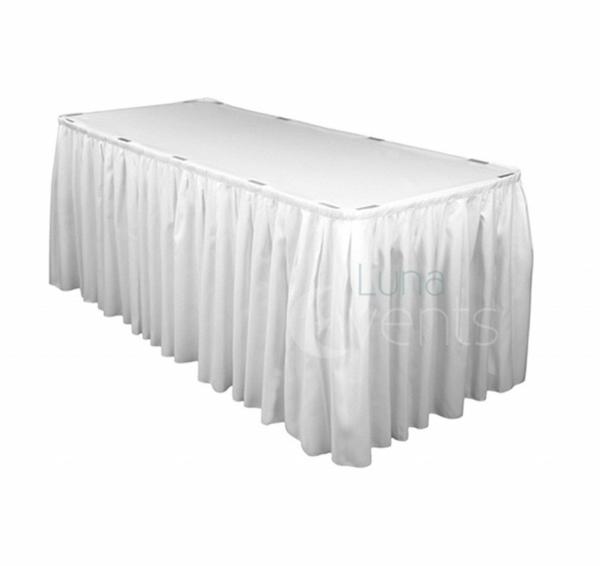 Polyester Table Skirts | White Table Skirting (5.2M) + Bonus Skirting Clips Polyester Table Skirts Polyester Table Skirts