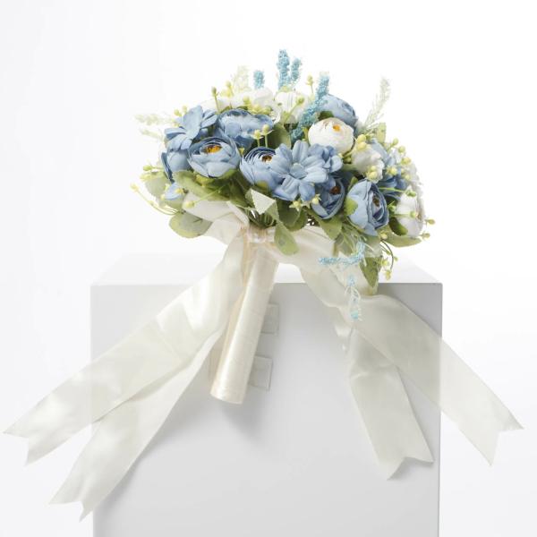 Roses & Peonies | Artificial Rose Flower Bouquet – Dusty Blue – Satin Ribbon And Pearl Bouquet Wrap Artificial Flower Bouquets Artificial Flower Bouquets