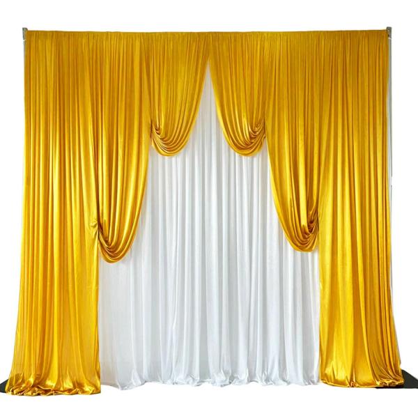 Swags For Tables & Backdrops | Ice Silk Event Backdrop With Venetian Contour Stage Curtain / Valance Swag (Gold And White) 3M Wide X 3M High Backdrops & Ceiling Decorations Gold