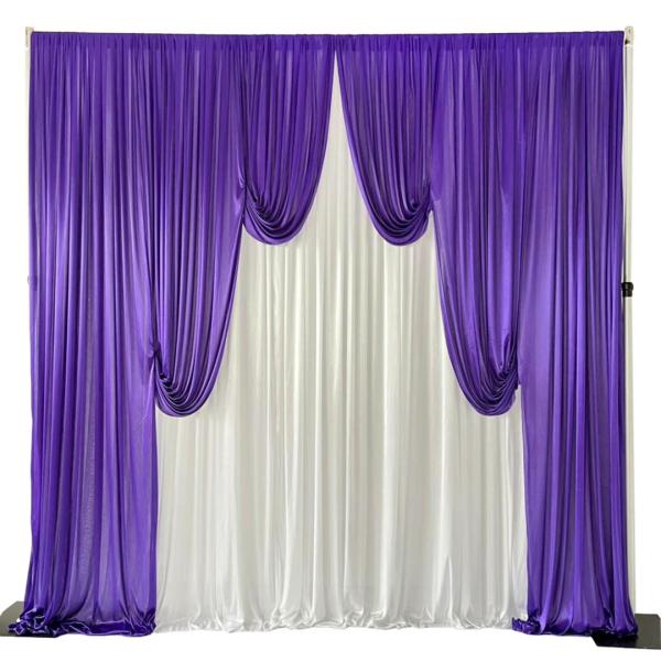 Swags For Tables & Backdrops | Ice Silk Event Backdrop With Venetian Contour Stage Curtain / Valance Swag (Purple And White) 3M Wide X 3M High Backdrops & Ceiling Decorations Ice Silk Venetian Curtain