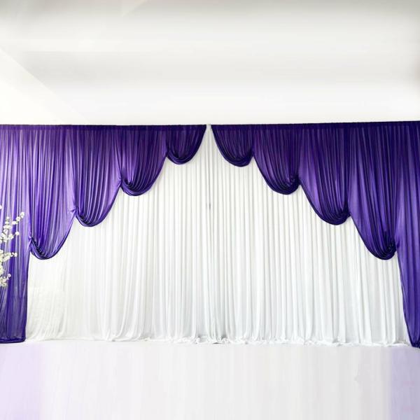 Swags For Tables & Backdrops | Ice Silk Event Backdrop With Venetian Contour Stage Curtain / Valance Swag (Purple And White) 6M Wide X 3M High Backdrops & Ceiling Decorations Ice Silk Venetian Curtain