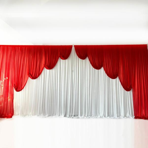 Swags For Tables & Backdrops | Ice Silk Event Backdrop With Venetian Contour Stage Curtain / Valance Swag (Red And White) 6M Wide X 3M High Backdrops & Ceiling Decorations Ice Silk Venetian Curtain