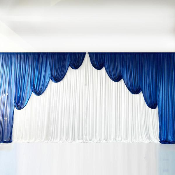 Swags For Tables & Backdrops | Ice Silk Event Backdrop With Venetian Contour Stage Curtain / Valance Swag (Royal Blue And White) 6M Wide X 3M High Backdrops & Ceiling Decorations Ice Silk Venetian Curtain