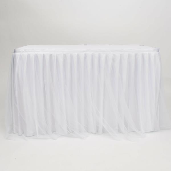 Tulle Table Skirts | Tulle And Ice Silk Layered Table Skirting – White (3M) – Includes Clips Table Skirting & Stage Skirting Tulle Table Skirts