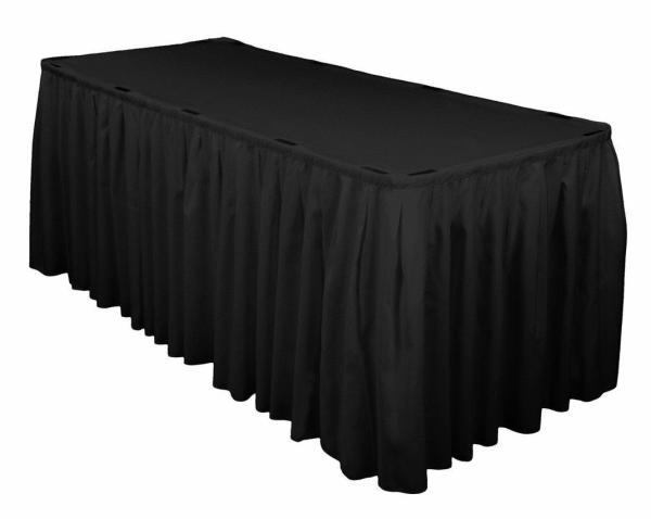 Polyester Table Skirts | Black Table Skirting (6.4M) + Bonus Skirting Clips Polyester Table Skirts Polyester Table Skirts